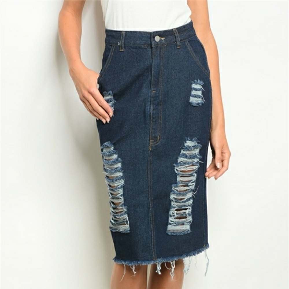 36 POINT 5 Destroyed Distress Dark Wash Denim Skirt